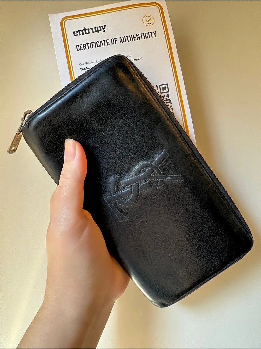 Saint Laurent Monogram Large Zip-Around Wallet, Black COMES WITH COA